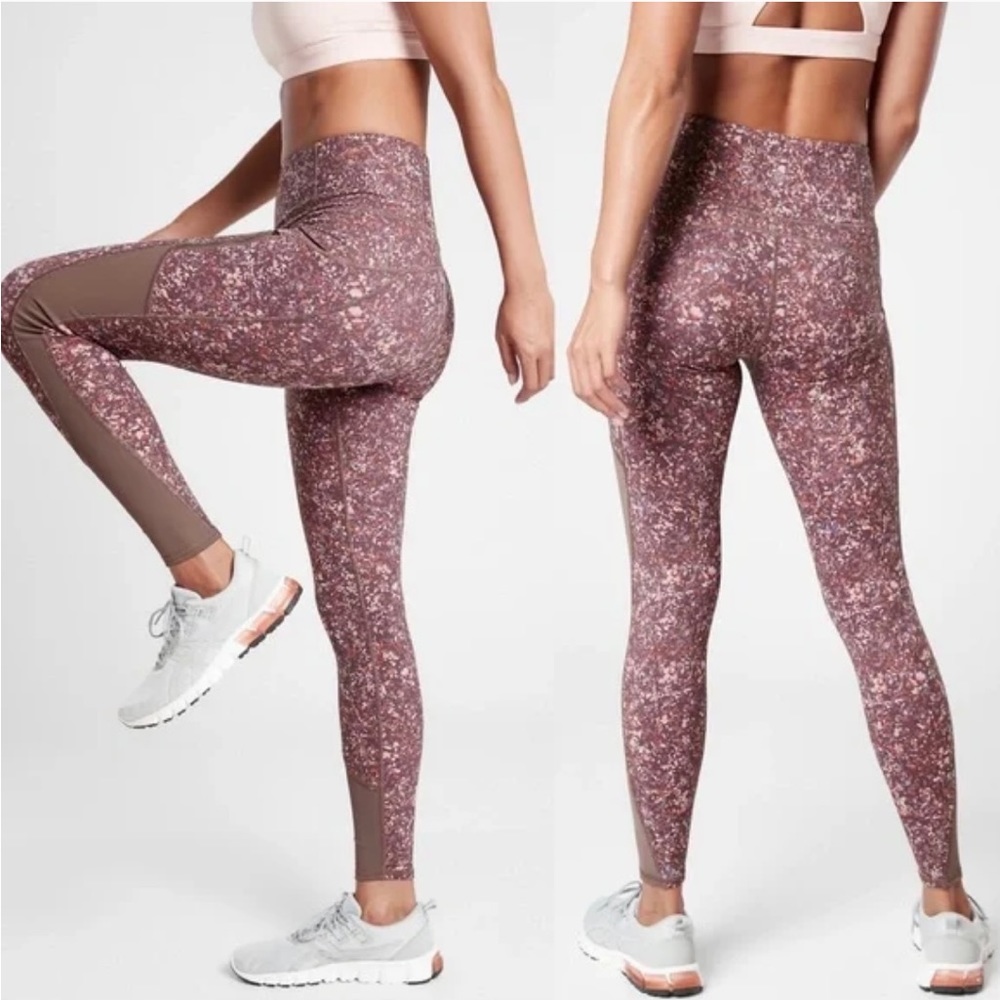 Athleta Rainier Printed Mesh Tight in Sandstone Smoked Almond